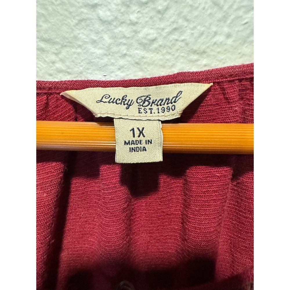 Lucky Brand Paceasant Top Women 1X Burgundy Medallion Print Tassel Lace Blouse - Picture 6 of 14